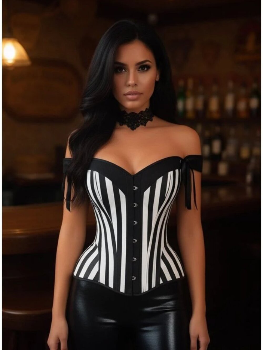 Black/White Striped Steel Boned Corset w/Straps